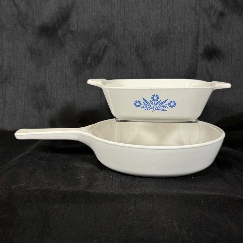 Vintage Corning Ware Blue Cornflower P-41 Petite Pan and White Skillet Set